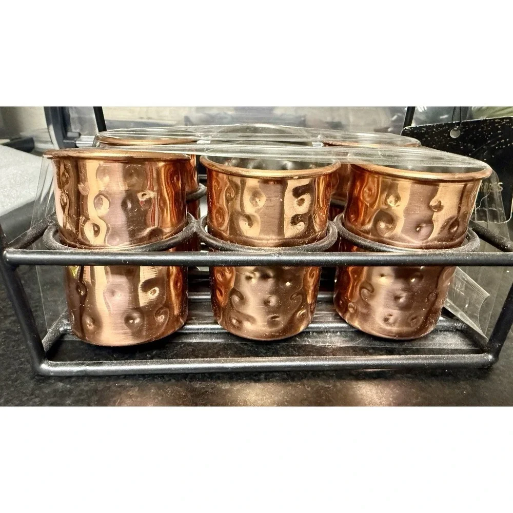 6 Shot Glasses Copper Hammered Vintage With Wooden Caddy and Wooden Handle